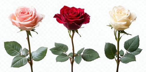 Wall Mural - Three roses in different colors, pink, red, and white. Isolated on a white background.