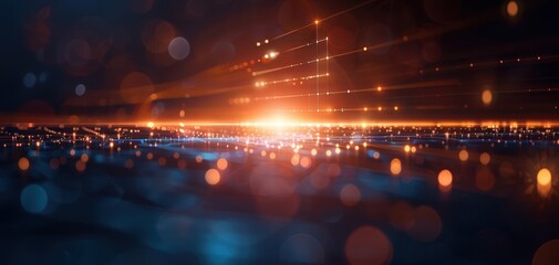 Aufkleber - Abstract light rays radiate from a vibrant horizon, creating a colorful bokeh effect in a dark cosmic landscape.