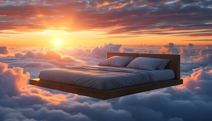 Wall Mural - Serene floating bed above clouds bathed in warm sunset glow, evoking tranquility and dreamlike escape into a surreal realm