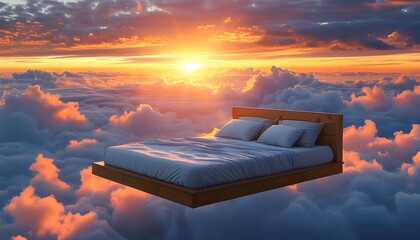 Wall Mural - Serene floating bed above clouds bathed in warm sunset glow, evoking tranquility and dreamlike escape into a surreal realm