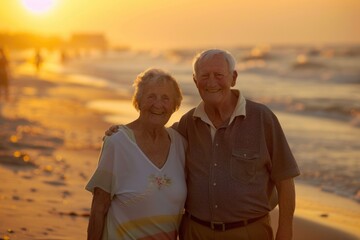 Senior couple enjoying a sunset walk along the beach, their smiles showing the joy and love of spending their golden years together