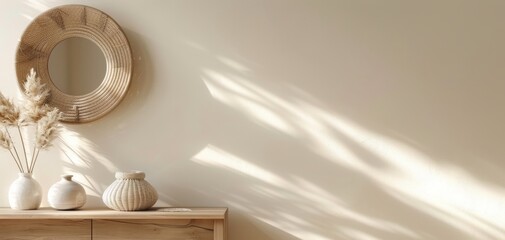 Aufkleber - Stylish interior with a wooden mirror, decorative vases, and soft shadows creating a soothing atmosphere.