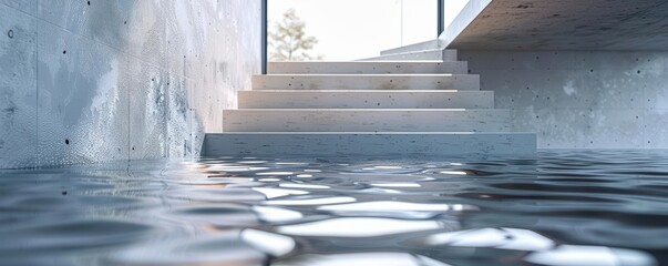 Poster - A serene view of water reflecting light, leading to modern steps, showcasing tranquility and architectural elegance.
