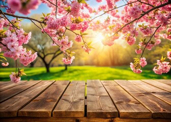 Natural rustic wooden table top with a stunning view of a blooming vibrant spring garden, adorned with a delicate branch of pink cherry blossoms in full bloom.