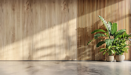 Aufkleber - Modern interior featuring wooden wall, elegant plants, and natural light, perfect for home decor or design inspiration.