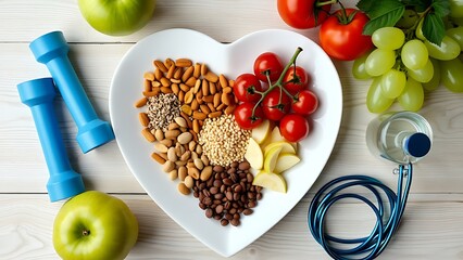 healthy lifestyle concept featuring a heart-shaped plate filled with nutritious foods and fitness ge