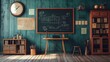 © Apiwat - 2D background of a teacher explaining a lesson with a blackboard and various classroom tools, hyper-realistic, sharp images, high quality