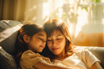 Wall Mural - High-resolution brightly lit photorealistic candid photograph of a mother and daughter relaxing together in a sun-drenched living room. The photograph has a light and joyful feel, styled like a