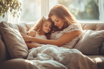 Wall Mural - High-resolution brightly lit photorealistic candid photograph of a mother and daughter relaxing together on a soft couch in a sunlit living room. The photograph has a light and bright feel, styled