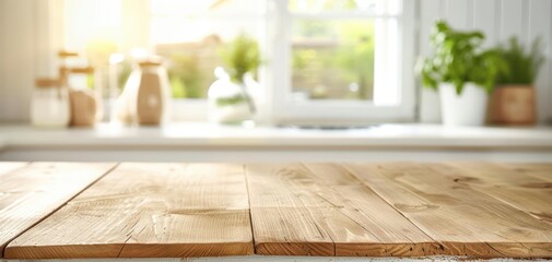 Poster - A sunlit kitchen with a wooden countertop, featuring plants and stylish decor, creating a warm and inviting atmosphere.