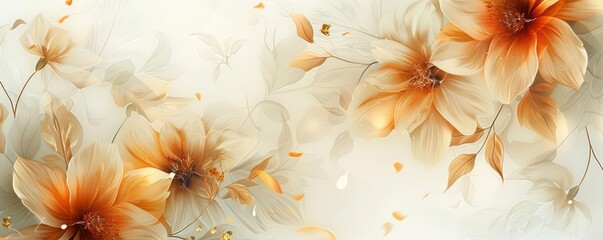 Fototapete - Soft floral design featuring delicate orange and cream flowers on a light background, ideal for elegant decor and artistic projects.