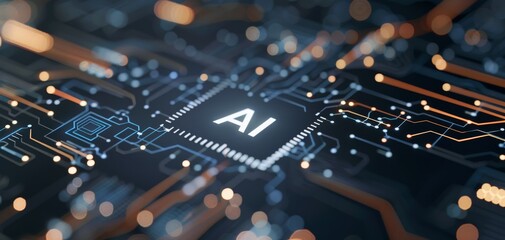 Poster - Close-up of a circuit board featuring an AI chip, showcasing intricate designs and glowing connections, representing technology advancement.