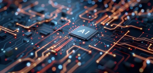 Fototapete - A close-up of a circuit board featuring intricate lines and an AI chip, representing technology and innovation in the digital age.