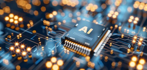 Aufkleber - Close-up of a modern microchip showcasing AI technology on a vibrant circuit board, symbolizing innovation and digital advancement.
