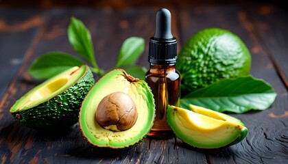 Wall Mural - Avocado Essential Oil and Fresh Avocado in Organic Cosmetics on Dark Wood Background