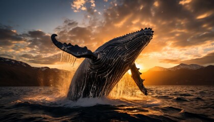 Wall Mural - A magnificent humpback whale bursts from the ocean's surface against a stunning sunset backdrop, with water cascading off its powerful body. The majestic creature is captured in mid-air, emphasizing