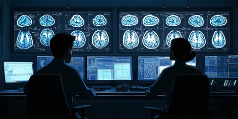 Poster - Two people sitting in front of multiple computer screens, with brain scans on the screens.