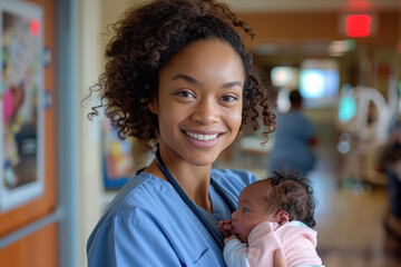 A young nurse holding a newborn baby