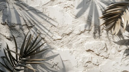 Wall Mural - Chic product presentation on stone background with faint palm leaves shadow, raw photo