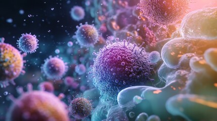 Aufkleber - A digital illustration depicting a virus with a purple and blue outer layer, surrounded by other viruses of varying sizes and colors. The background is a vibrant blue with hints of green and orange.