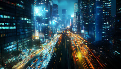 A bustling city at night, with skyscrapers illuminated and traffic creating streaks of light