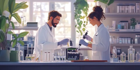 Poster - Two scientists working in a laboratory, with one holding a test tube and the other holding a pipette.