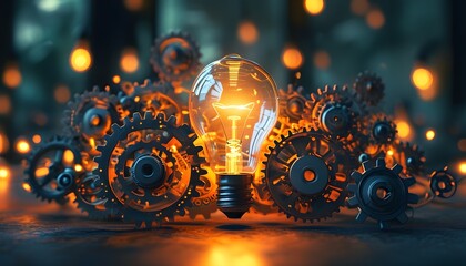 Illuminated light bulb amidst intricate gears, representing the fusion of innovation and creativity in a realm of technological advancement and inspiration