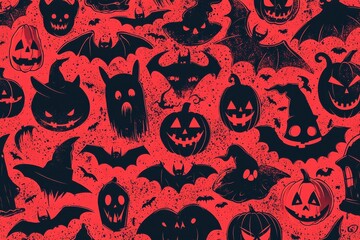 Wall Mural - Spooky Halloween pattern with pumpkins, bats and creepy faces