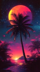 Sticker - Retro Synthwave style illustration of a coconut tree with neon colors and futuristic elements.