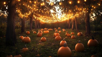 a vibrant pumpkin patch is bathed in warm, twinkling lights as dusk settles. round, orange pumpkins 
