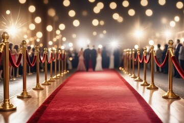 Wall Mural - Red carpet event illustration, golden stairs lead to a grand hall, celebrities in luxurious attire celebrate success and fame