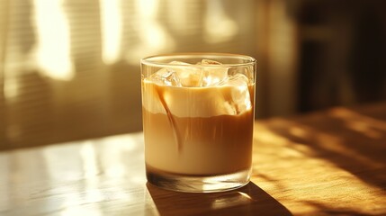 Cold iced coffee in a clear glass with milk on a sunny table