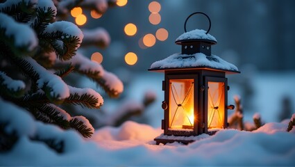 Wall Mural - A glowing lantern in snow-covered surroundings with soft bokeh lights in the background