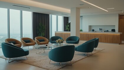 A stylish modern office lobby with bright city views and vibrant decor 90