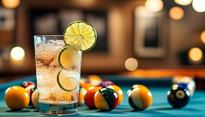 Wall Mural - Refreshing summer drink with sparkling water and lime on pool table, perfect for vacation vibes and inviting designs