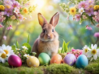 Wall Mural - Adorable Easter bunny surrounded by vibrant eggs and blossoming flowers, set against a serene springtime backdrop with lush greenery and pastel hues.