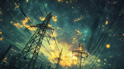 Two tall power lines stand against a background of a starry night sky with glowing clouds.