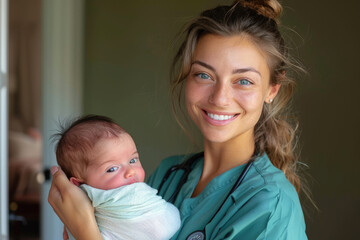 Poster - A young nurse holding a newborn baby