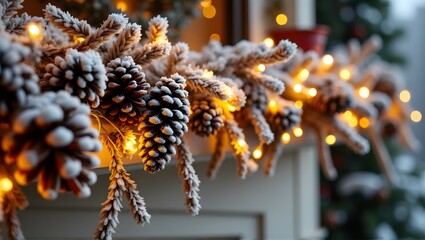 Sticker - Frosted pinecones and evergreen garland with warm string lights, decorating a mantelpiece