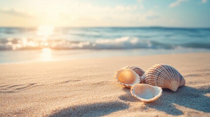 Wall Mural - seashells on Sandy Beach / seashore, beach holiday Vacation background with generative ai