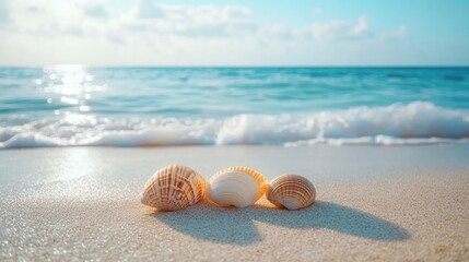 Wall Mural - seashells on Sandy Beach / seashore, beach holiday Vacation background with generative ai