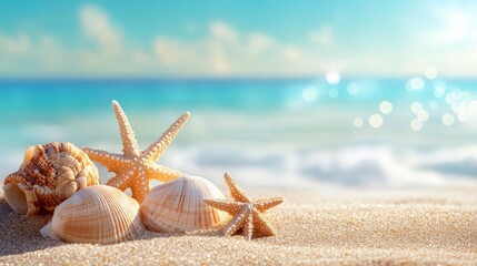 Wall Mural - seashells on Sandy Beach / seashore, beach holiday Vacation background with generative ai