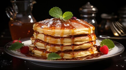 Wall Mural - Pancake stack adorned with syrup and berries, presented on a dining table.