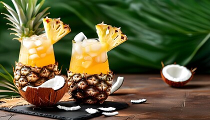 Tropical Paradise: Pina Colada in Coconut Shell with Fresh Pineapple Slice, Perfect for Summer Vacations and Travel Invitations