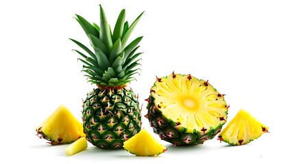 Wall Mural - Fresh pineapple on white backdrop, vibrant summer fruit design for health-themed banners and posters