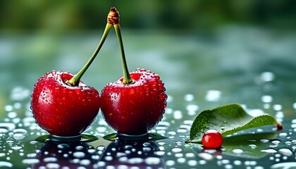 Wall Mural - Refreshing summer cherries with droplets on a glossy glass surface, perfect for healthy food promotions and vibrant designs