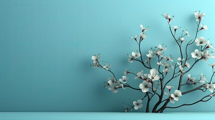 Fototapete - A bonsai tree with flowers in a decorative pot against a teal background,