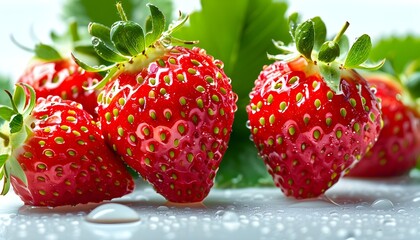 Juicy strawberry adorned with glistening water droplets on a pristine white backdrop, representing summer freshness in healthy food design