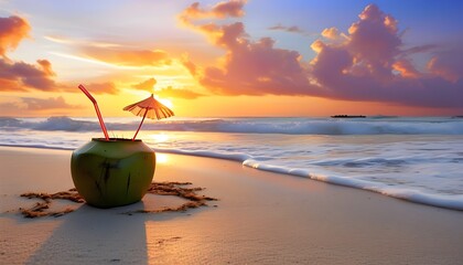 Tropical sunset scene featuring a coconut drink with straw on sandy beach, perfect for vacation and travel themed designs