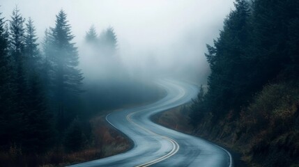 Aufkleber - A winding road snakes through a fog-laden forest during the early morning hours, surrounded by tall trees and a mysterious atmosphere. The wet pavement reflects the damp surroundings.